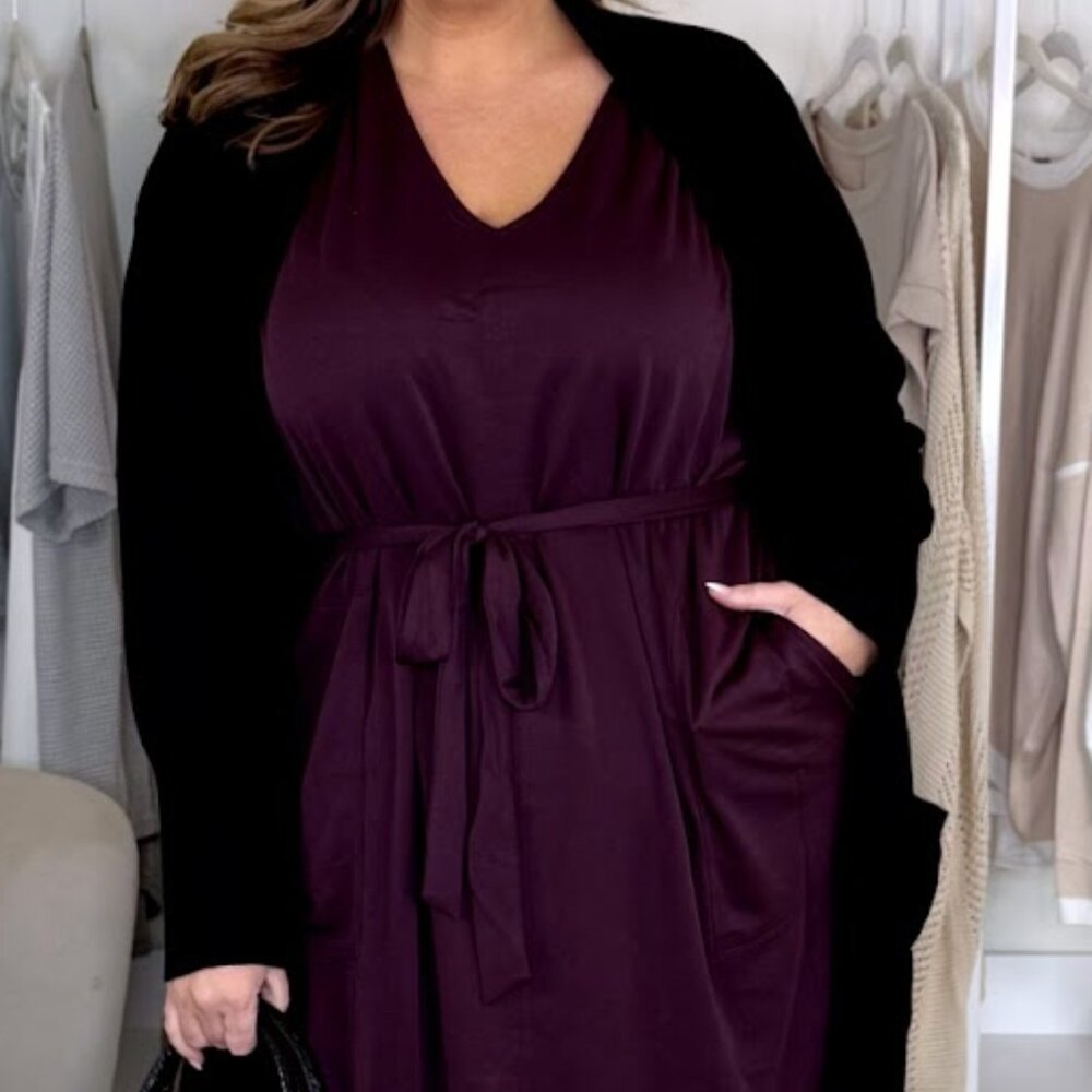 Time and Tru Plum V-Neck Midi Dress with Tie Waist